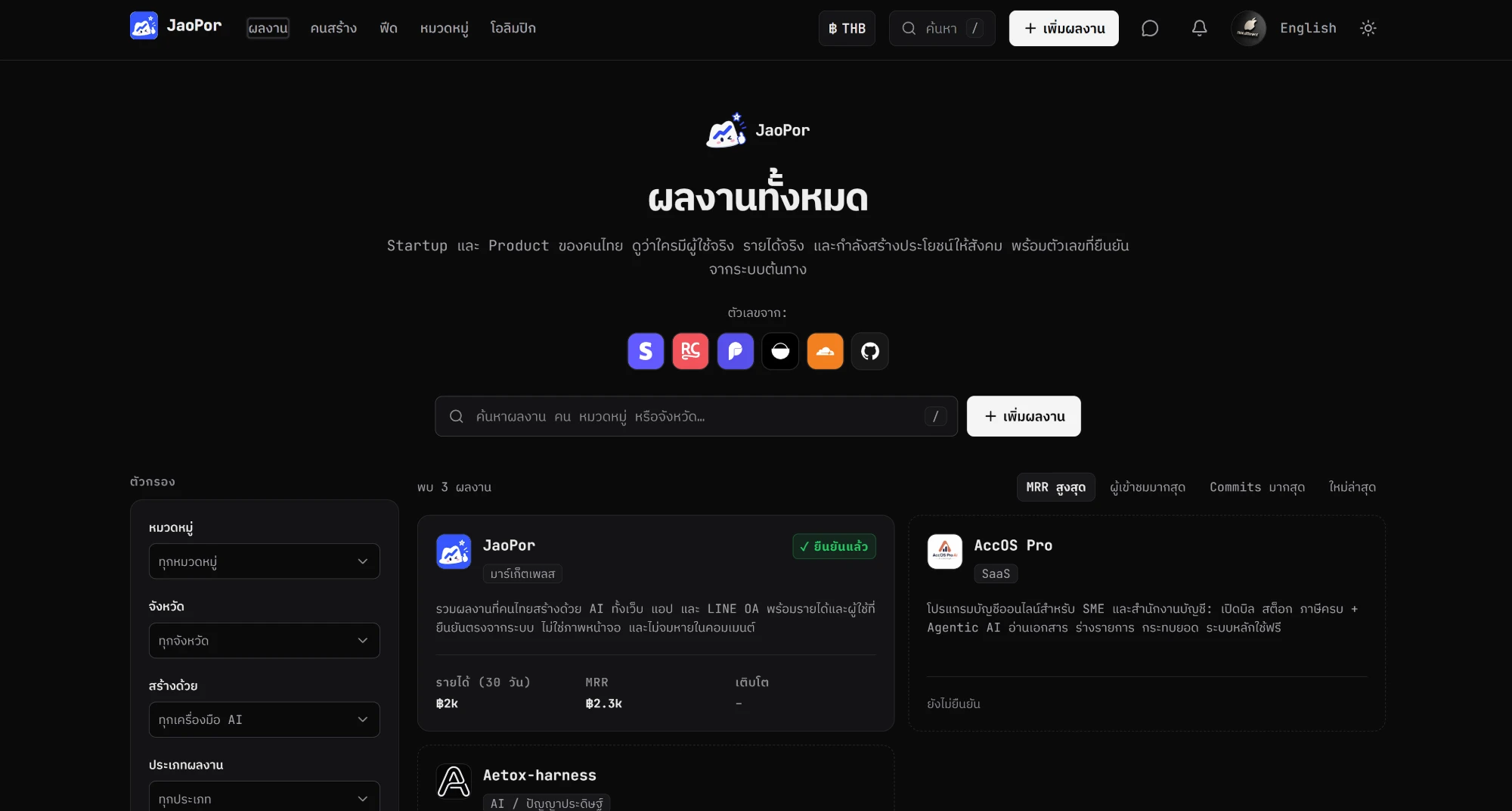 หน้าผลงานทั้งหมดของ JaoPor: ตัวกรอง และการ์ดผลงานพร้อมตัวเลขที่ยืนยัน